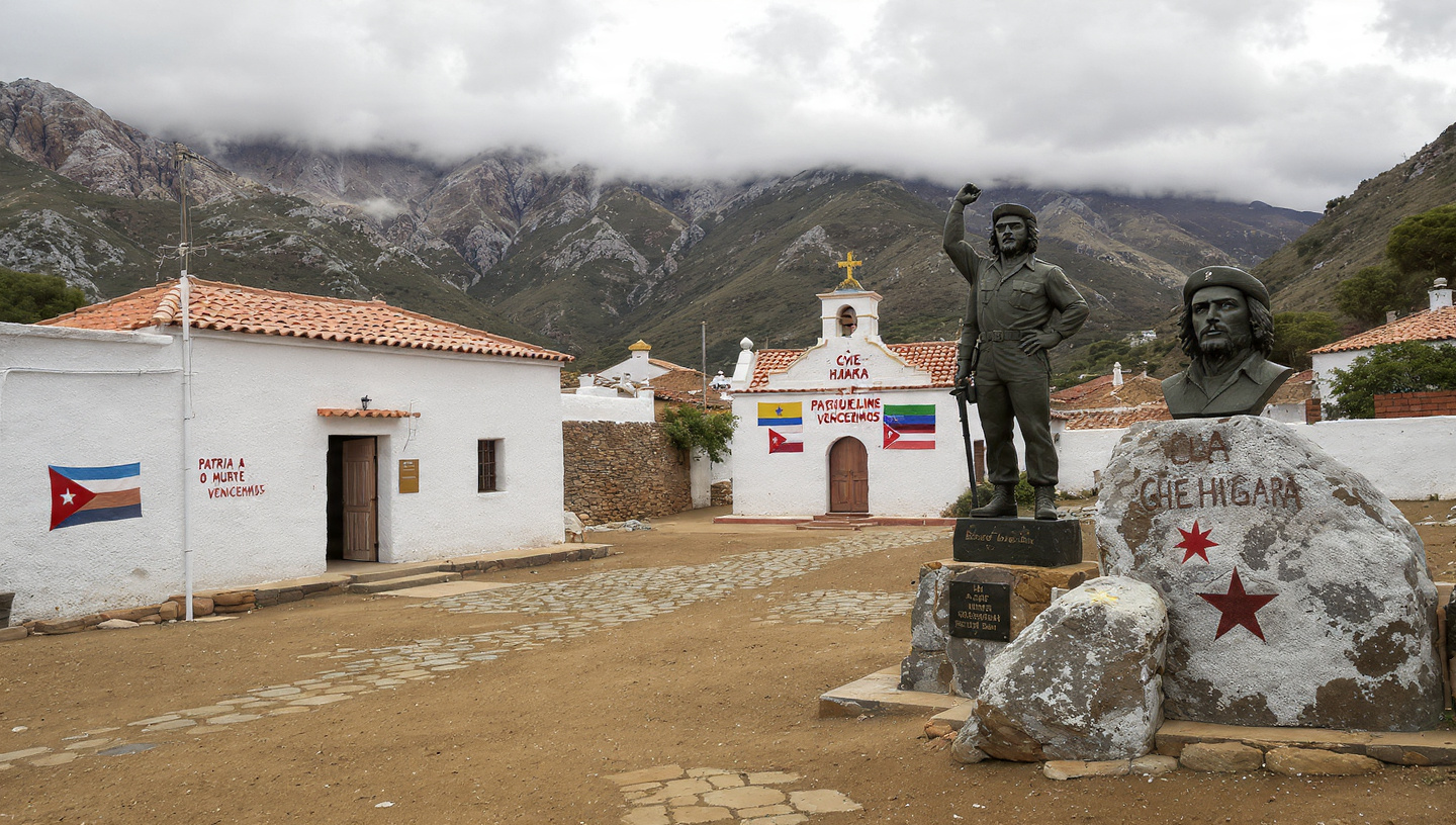 El monumento de piedra con el busto del Che pintado con estrella roja y las banderas de Bolivia, Cuba y Argentina. En fotos recientes se ve a los ni&ntilde;os del pueblo asom&aacute;ndose detr&aacute;s del muro