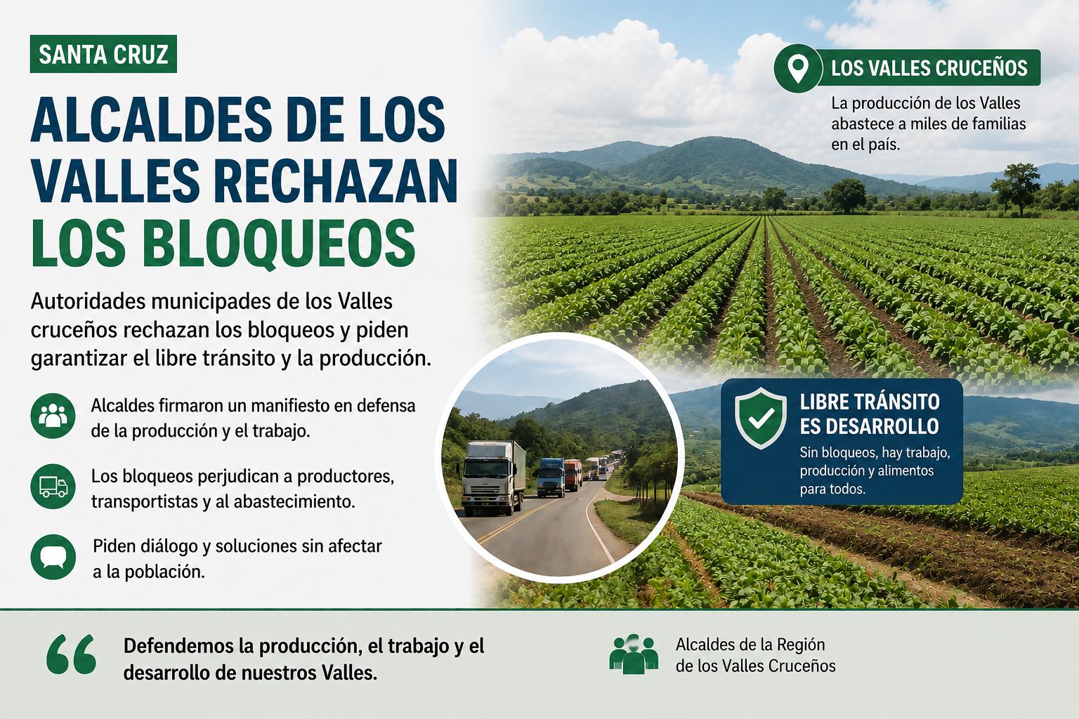 Alcaldes de los Valles cruceños rechazan los bloqueos y piden priorizar el diálogo